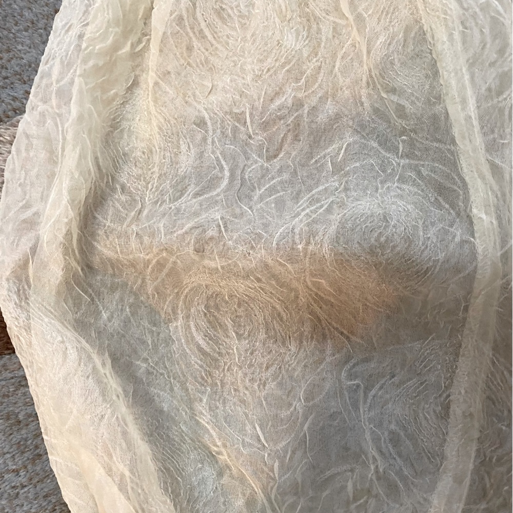 Anthropologie I Champagne and Strawberry Embossed Organza Faux Wrap Mini Dress - Picture 4 of 7
